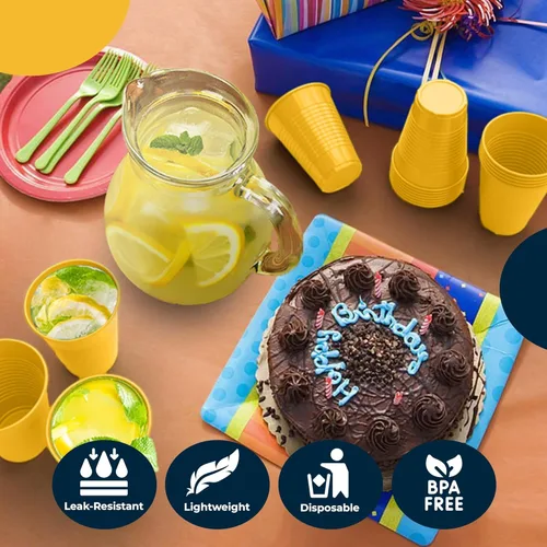 Miniatura 4 de Exquisitos vasos de plástico Party Solids de 12 onzas para suministros de fiesta, paquete de 50 vasos desechables amarillos de plástico, vasos