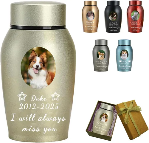 Miniatura 12 de Urna personalizada para mascotas para perros y gatos, urna personalizada de acero inoxidable de alta calidad para cenizas de perro con foto grabada