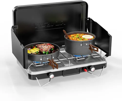 ROVSUN Estufa de camping portátil de 2 quemadores con encendedor, estufa de campamento de propano de 20000 BTU con adaptador, mango integrado y