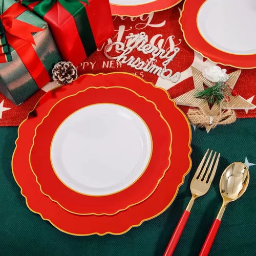 Miniatura 8 de WDF 30Guest - Platos de plástico rojo – cubiertos de plástico dorado con mango rojo – platos rojos desechables – Vajilla barroca de plástico