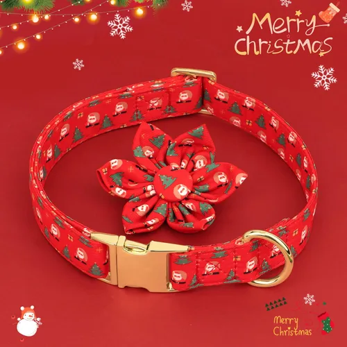 Miniatura 2 de Beirui Lindo collar de Navidad para perro hembra con flor, collares de perro con patrones navideños, collar rojo suave para mascotas ajustable