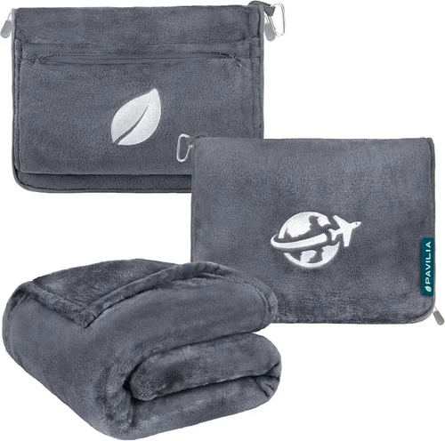 Miniatura 13 de PAVILIA Manta de viaje y almohada, manta de avión con apertura de brazos para adultos, manta compacta de avión con agujero para el brazo, bolsa 2