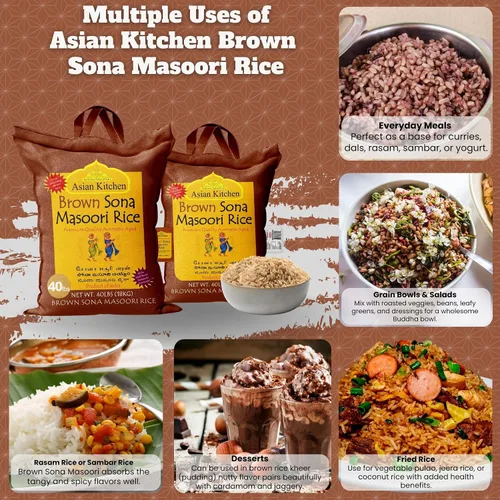 Miniatura 3 de Asian Kitchen Brown Sona Masoori - Arroz envejecido de 40 libras, 40 libras (40.0 lbs) de arroz de grano corto ~ Todo natural Apto para gluten