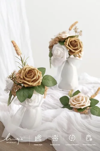 Miniatura 6 de Ling's moment Flores Artificiales 25 Piezas Rosas Doradas Decorativas con Tallos, 3 pulgadas de Tacto Real DIY Espuma Floral para Ramo de Wht- Oro
