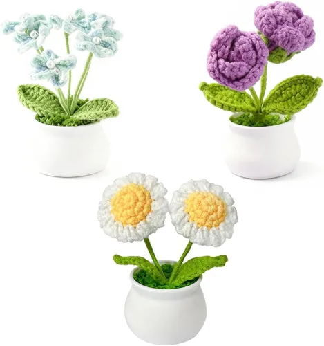 Miniatura 9 de Juego de 3 macetas de ganchillo con margarita rosa y Forget Me Not Small Potted Flowers Crochet Regalo para mamá, esposa, Día de la Madre