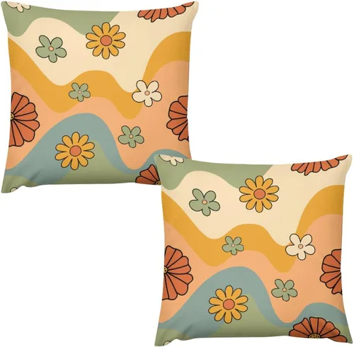 Miniatura 50 de Juego de 2 fundas de almohada florales retro de los años 70, Groovy Funky Hippie Flor Naranja Estética Boho Fundas de Almohada de 16 x 16 pulgadas