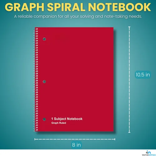 Miniatura 2 de 1InTheOffice Cuaderno de espiral de papel cuadriculado de 8.5 x 11, cuaderno a rayas gráficas de 5 cuadrados por pulgada, rojo, 70 hojas, 8 x 10.5