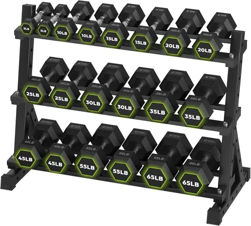 Miniatura 18 de HANDBODE Juego de mancuernas hexagonales con estante, 290-670 lb juego de mancuernas de ejercicio y fitness con revestimiento de goma, peso de mano
