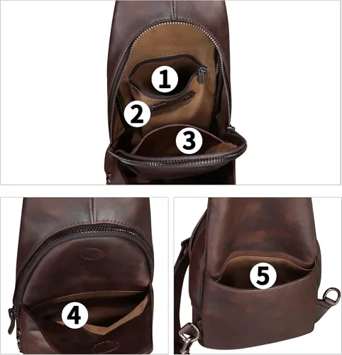 Miniatura 4 de Bolso de cuero genuino para mujeres y hombres hecho a mano de cuero bandolera mochila pecho bolso bandolera bandolera, Café, Mochilas Sling