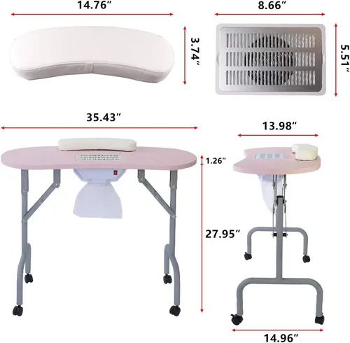 Miniatura 2 de AGESISI Mesa de manicura portátil plegable para uñas con colector de polvo, mesa profesional de tecnología de uñas para técnico, spa, sala de Rosa