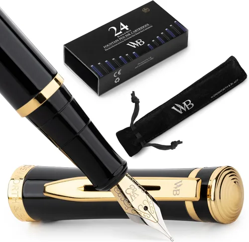 Miniatura 16 de Set de pluma estilográfica Wordsworth & Black, punta mediana dorada de 18 quilates, incluye 24 cartuchos de tinta, un convertidor de repuesto y Todo