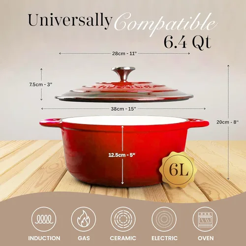 Miniatura 2 de Nuovva Olla Holandesa de Hierro Fundido Esmaltado con Tapa – Cazuela Antiadherente de 6.4 Cuartos – Resistente y Apta para Horno hasta 500°F