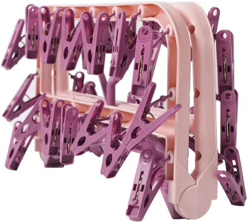 Miniatura 5 de Foshine Percheros de secado de ropa plegables con ganchos de clip de plástico y 32 clips de secado a prueba de viento, colgador de ropa interior Rosa
