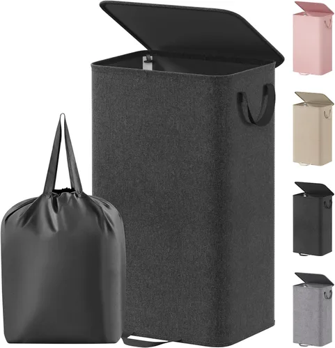 Miniatura 10 de Lifewit Cesta de lavandería doble con tapa y bolsas de lavandería extraíbles, gran plegable, 2 divisores, cesta de ropa sucia con asas para Negro