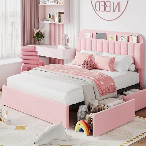 Miniatura 11 de IDEALHOUSE Base de cama individual para niños, cama plataforma tapizada con botones para niños/niñas con 2 cajones flexibles, cabecero tipo