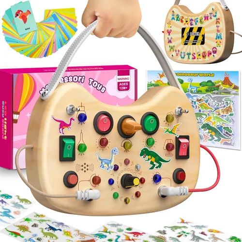 flycoost - Tablero de actividades Montessori para niños pequeños, de madera con 17 luces LED, juguetes de viaje para niños de 1 a 3 años, con Juego