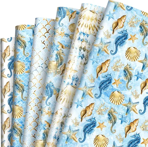 AnyDesign 12 hojas de papel de regalo de animales marinos, acuarela, caballito de mar, coral, papel de regalo plegado a granel, papeles planos de