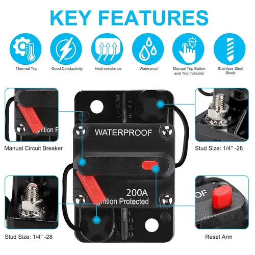 Miniatura 5 de Generic Disyuntor impermeable de 200 amperios, con reinicio manual, 12 V-48 V CC, 30A-300 A, para motores de arrastre marinos, barco, ATV, WE200A