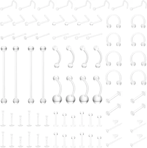 Paquete de 76 Retenedores de Piercing Transparentes, Joyería Corporal Bioflex para Ceja, Labio, Septum, Nariz, Pezón, Ombligo, Lengua, Tragus | Kit