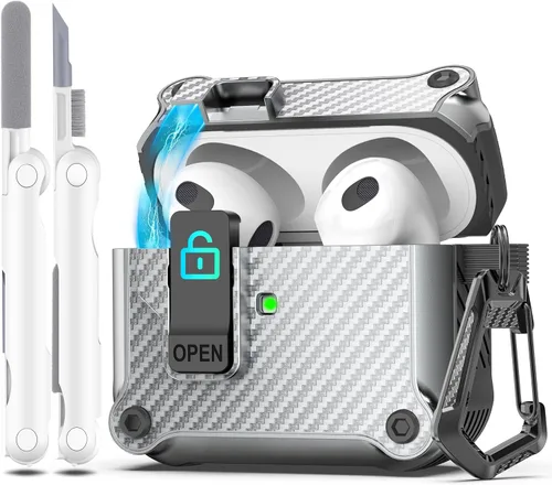 Miniatura 55 de R-fun - Funda para audífonos compatible con AirPods de 4.ª generación 2024, cubierta protectora de expulsión automática a prueba de caídas, puerto
