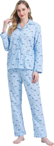 Miniatura 3 de Amaxer Conjunto de pijama 100% algodón para mujer, de manga larga, suave, con botones, con cordón elástico