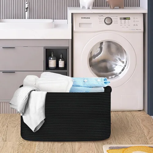 Miniatura 6 de Cesta negra extragrande, contenedor rectangular tejido de 22 x 17 x 12 pulgadas para almacenamiento, cuerda de algodón suave para habitación