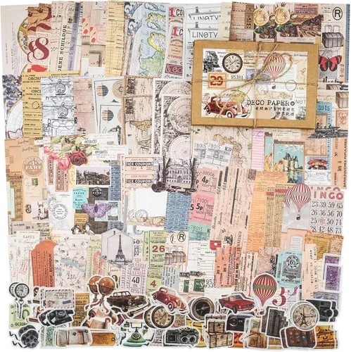 Knaid Paquete de 200 piezas vintage de efímera de papel de decoupage, kit de diario basura para agenda de recortes, suministros de calcomanías para