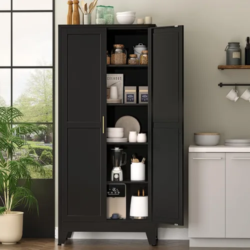 Miniatura 18 de Bevivog Armario de almacenamiento pequeño para baño, armario de metal negro con 2 puertas y 2 estantes ajustables, armarios de piso de metal