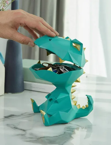 Miniatura 8 de HAUCOZE Estatua de dinosaurio plato para caramelos, cuenco para llaves, regalos de dinosaurio, escultura moderna, accesorios de decoración del Verde