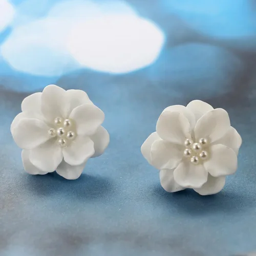 Miniatura 7 de Exaggeration - Aretes bohemios de perlas para mujer, flor de camelia, perlas blancas, aretes de tuerca Blosson, regalos de joyería de boda