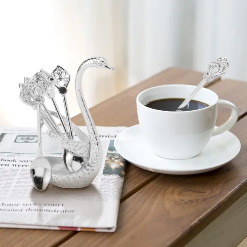 Miniatura 9 de Juego de cuchara de café con soporte, soporte para cuchara y tenedor de cisne, elegante y encantador kit de servicio decorativo para cucharas