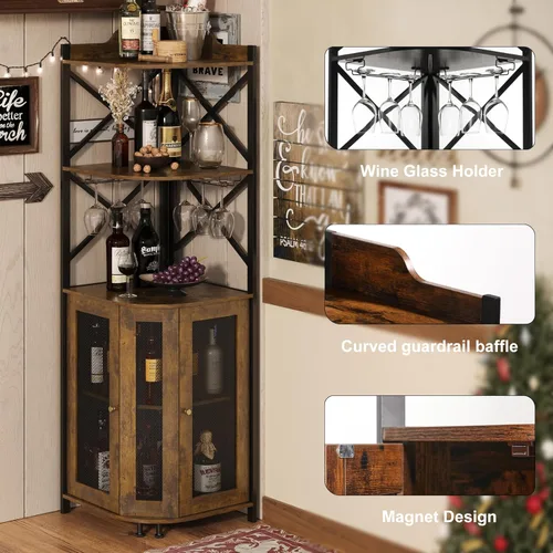 Miniatura 5 de JKsmart - Gabinete de esquina para barra con luces LED, gabinete de barra de vino industrial de 5 niveles con soporte para vasos, gabinetes de licor