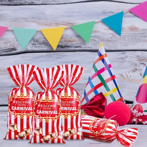 Miniatura 9 de Epakh Paquete de 200 bolsas de dulces de carnaval, con temática de circo, bolsas de plástico para fiestas con patrón de palomitas de maíz y lazos