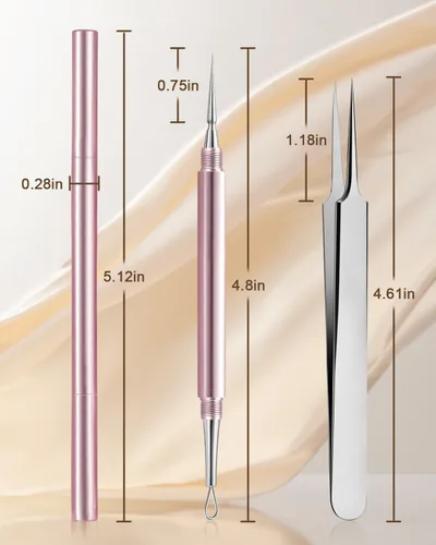 Miniatura 7 de Herramienta Profesional de Eliminación de Milia Facial y Extractor de Puntos Blancos, Juego de Aguja de Doble Punta de Aleación de Titanio y Pinzas