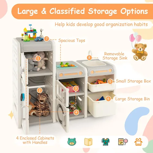 Miniatura 4 de Costzon Organizador de almacenamiento de juguetes para niños, estante multiuso Montessori para juguetes con cajones extraíbles, pizarra blanca