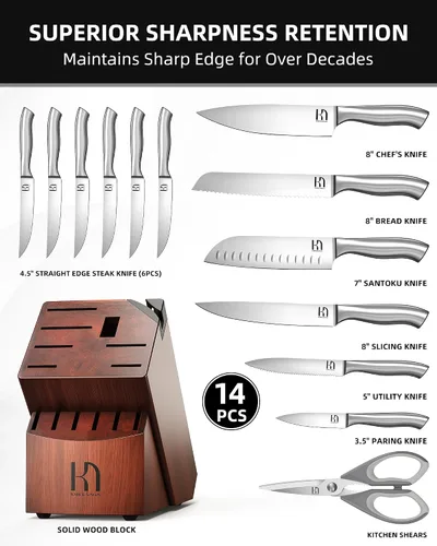 Miniatura 6 de Juego de bloque de cuchillos KnifeSaga, juego de cuchillos de cocina con bloque de alta durabilidad, juego de 14 piezas de cuchillos japoneses
