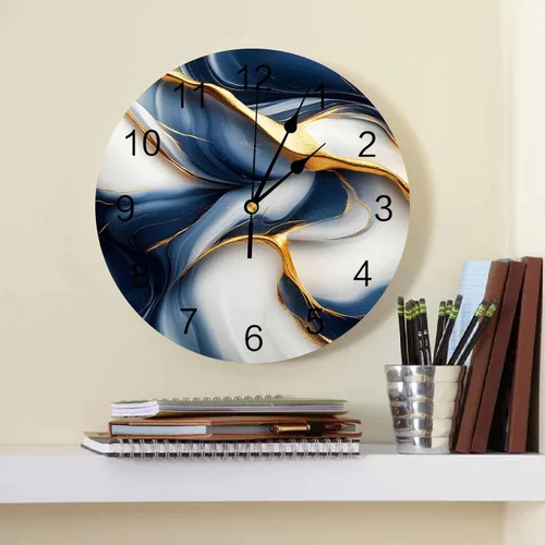 Miniatura 2 de Reloj de pared de PVC de mármol azul dorado para decoración de sala de estar, textura abstracta retro, silencioso, sin tictac, funciona