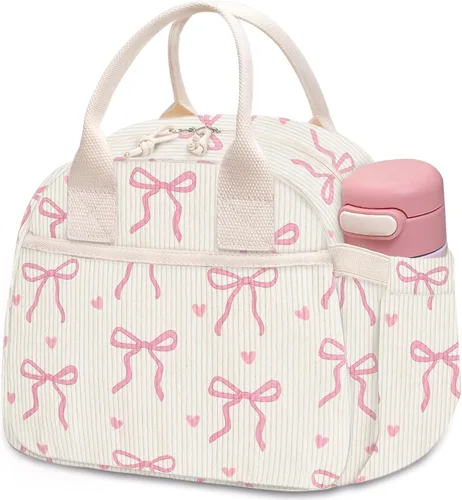 Miniatura 20 de Carry bloom Lonchera para mujer, lonchera aislada, bonita lonchera de pana reutilizable para el trabajo (1 rayas blancas y negras)