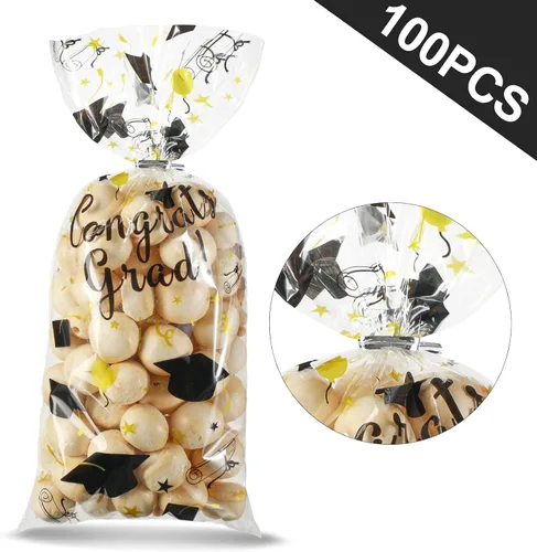 Miniatura 3 de Blulu 100 bolsas de celofán de graduación, felicitaciones para graduados, bolsas de regalo de plástico con 100 lazos giratorios plateados para Negro