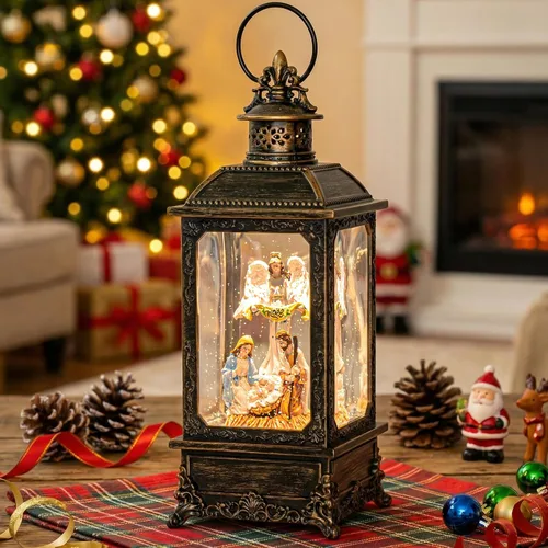 Miniatura 16 de Gnomos de Navidad de 10 pulgadas, linterna de globo de nieve iluminada, caprichoso árbol de Navidad y elfo escandinavo, linterna de agua musical