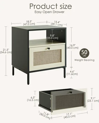 Miniatura 2 de Mesita de noche de ratán, mesa auxiliar grande y moderna de madera estilo bohemio con cajón de almacenamiento y estante abierto, mesa auxiliar Negro