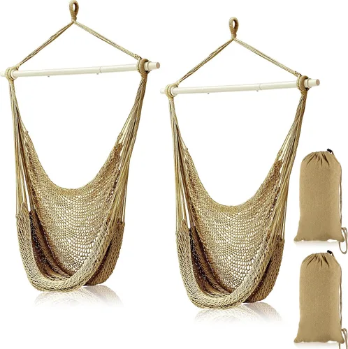 Miniatura 10 de Barydat 2 sillas colgantes tipo hamaca estilo bohemio, para exteriores e interiores, cómoda cuerda de algodón suave, con barras de metal Beige
