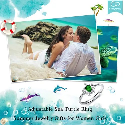 Miniatura 14 de Anillo ajustable de tortuga marina de plata de ley 925 con nudo celta tortuga Rin verano océano playa tortuga joyería para mujer