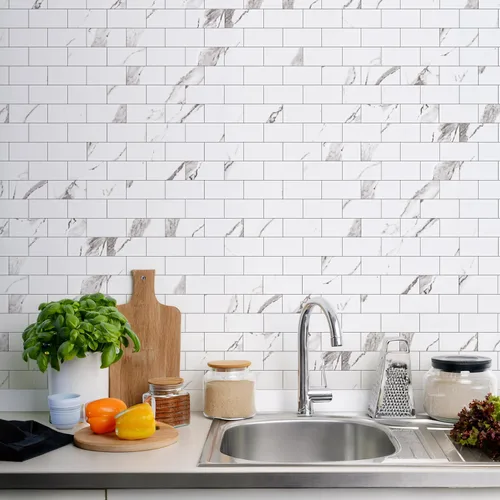Miniatura 5 de STICKGOO azulejo de metro de 10 hojas para despegar y pegar, azulejo de pared autoadhesivo de PVC, salpicadero adhesivo de Calacatta para cocina