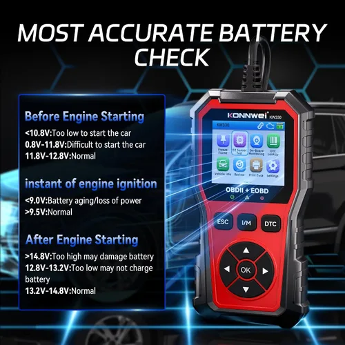 Miniatura 8 de KONNWEI Herramienta de diagnóstico del escáner OBD2 KW330, lector de código del motor con prueba de voltaje de la batería, corriente de datos