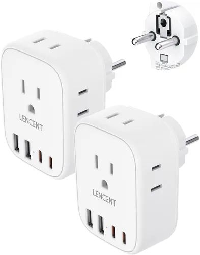 LENCENT Schuko - Paquete de 2 adaptadores de corriente de viaje de Alemania Francia, adaptador de enchufe de alimentación tipo E/F con 4 puertos USB