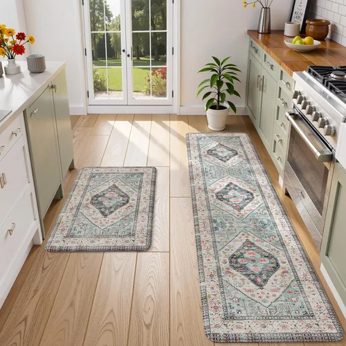 Miniatura 33 de KIMODE - Juego de 2 tapetes de cocina bohemios, antifatiga, antideslizantes, impermeables, ergonómicos, acolchados, cómodos, para lavandería, Caqui