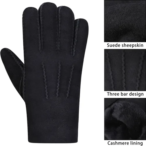 Miniatura 6 de Harssidanzar Guantes de cuero para hombre, puños de piel de oveja, forro de lana gruesa para invierno, clima frío, guantes de conducción KM043US