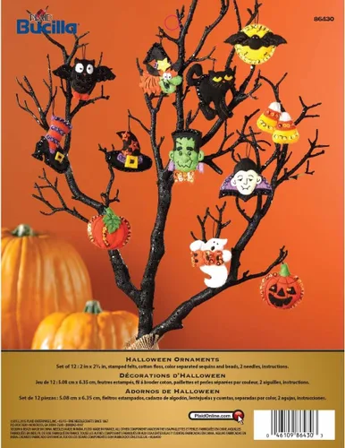 Bucilla Kit de adornos de fieltro para Halloween (talla 2 de 2.5 pulgadas), negro, juego de 12, 6 unidades