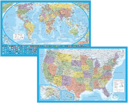 Miniatura 9 de 2 Pack - Póster de mapa del mundo laminado y set de mapa de EE. UU. - El diseño del mapa del mundo Equal Earth muestra los continentes en su Azul
